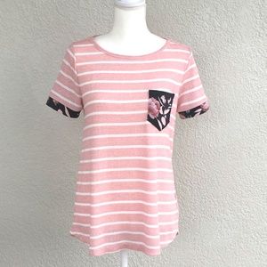 Pink Floral Striped Top Soft Shirt Short Sleeve